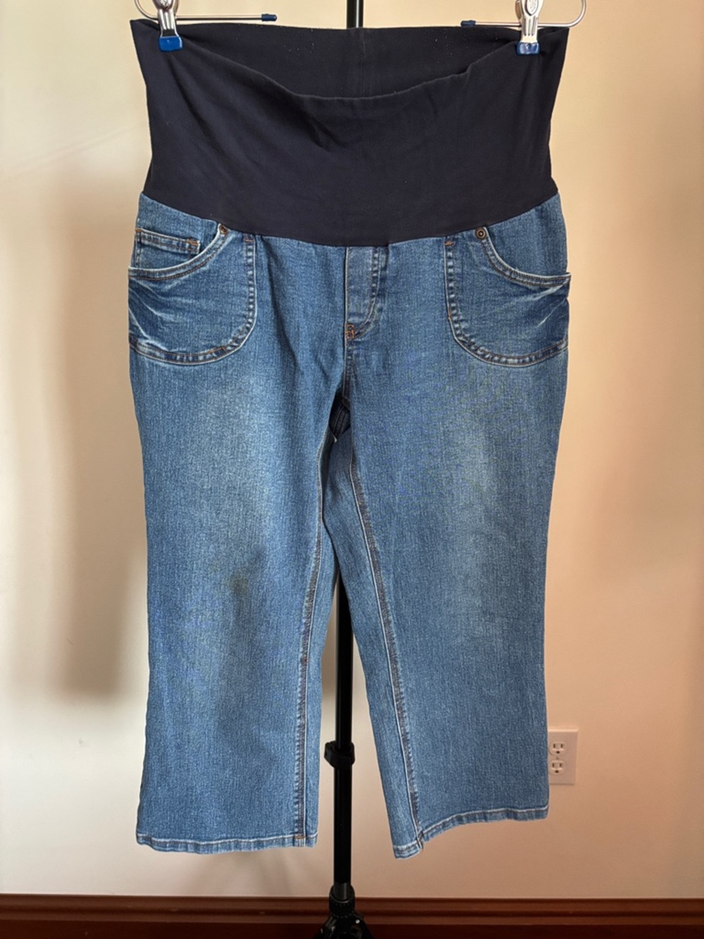 Blue Cropped Maternity Jeans with Navy Support Panel